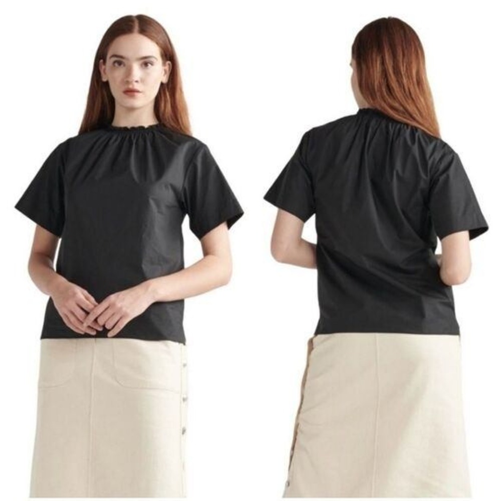 Thakoon Black Smocked High Neck Cotton Blouse Short Sleeve Minimalist Top S